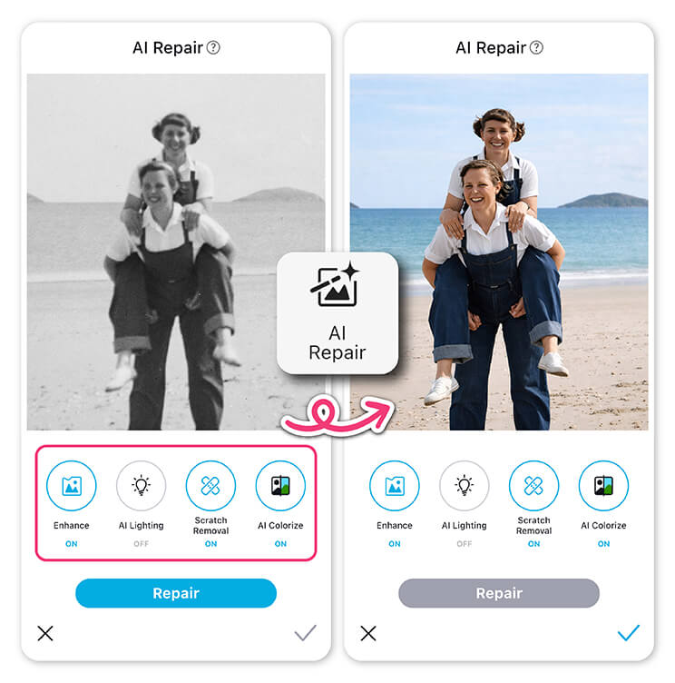 For instant results, use the Photo Repair feature to automatically enhance your image. Enhance old photos with AI tools in YouCam Enhance app.