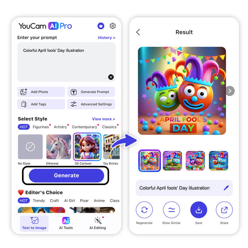 Editor de fotos inteligente App YouCam AI Pro sendo usado para gerar piadas visuais