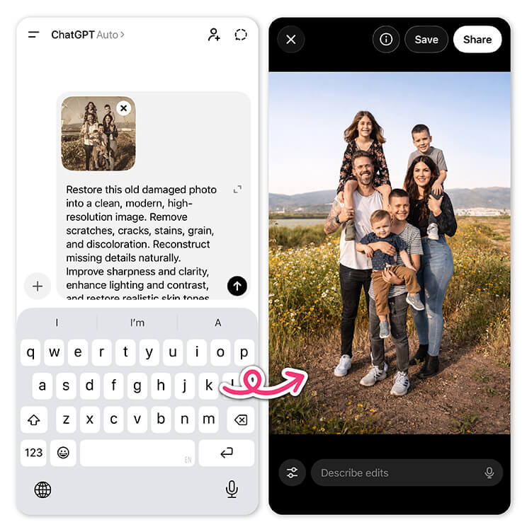 ChatGPT photo restoration is becoming a popular starting point. Use ChatGPT photo restoration prompts in YouCam Enhance app.