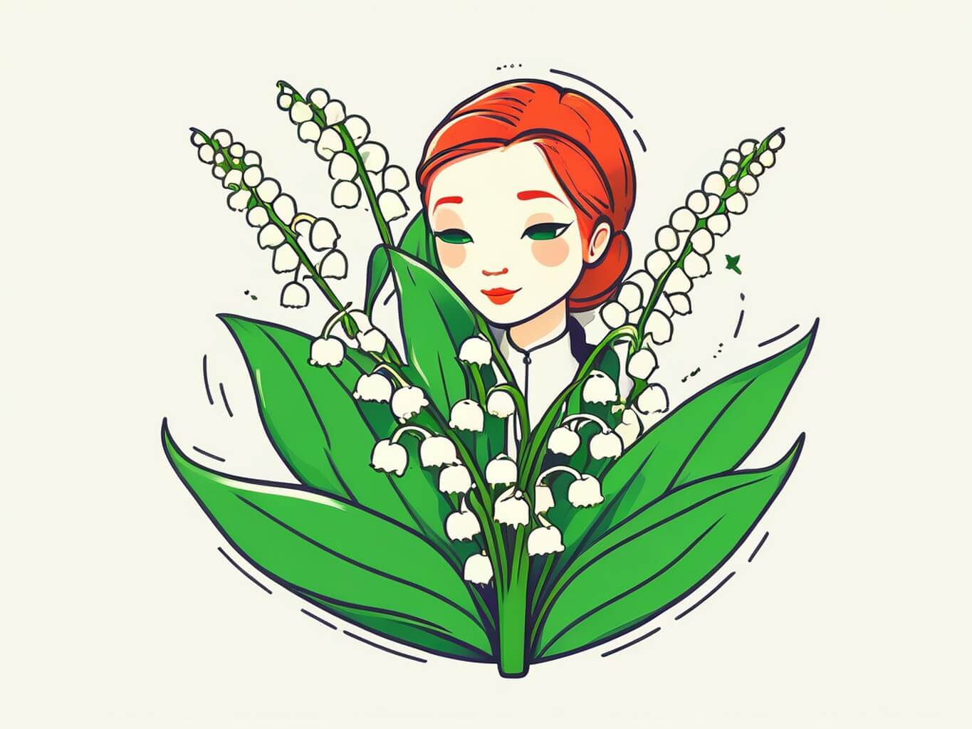 KI-generiertes Erster-Mai-Bild: Rothaarige Frau hinter einem Maiglöckchen-Strauß im Vektor-Stil – erstellt mit YouCam AI Pro