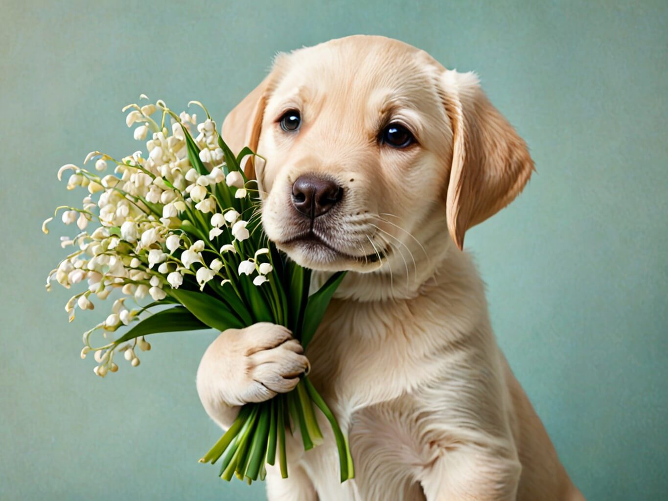 KI-generiertes Erster-Mai-Bild: Kleiner Labrador-Welpe hält einen Maiglöckchen-Strauß in den Pfoten – erstellt mit YouCam AI Pro