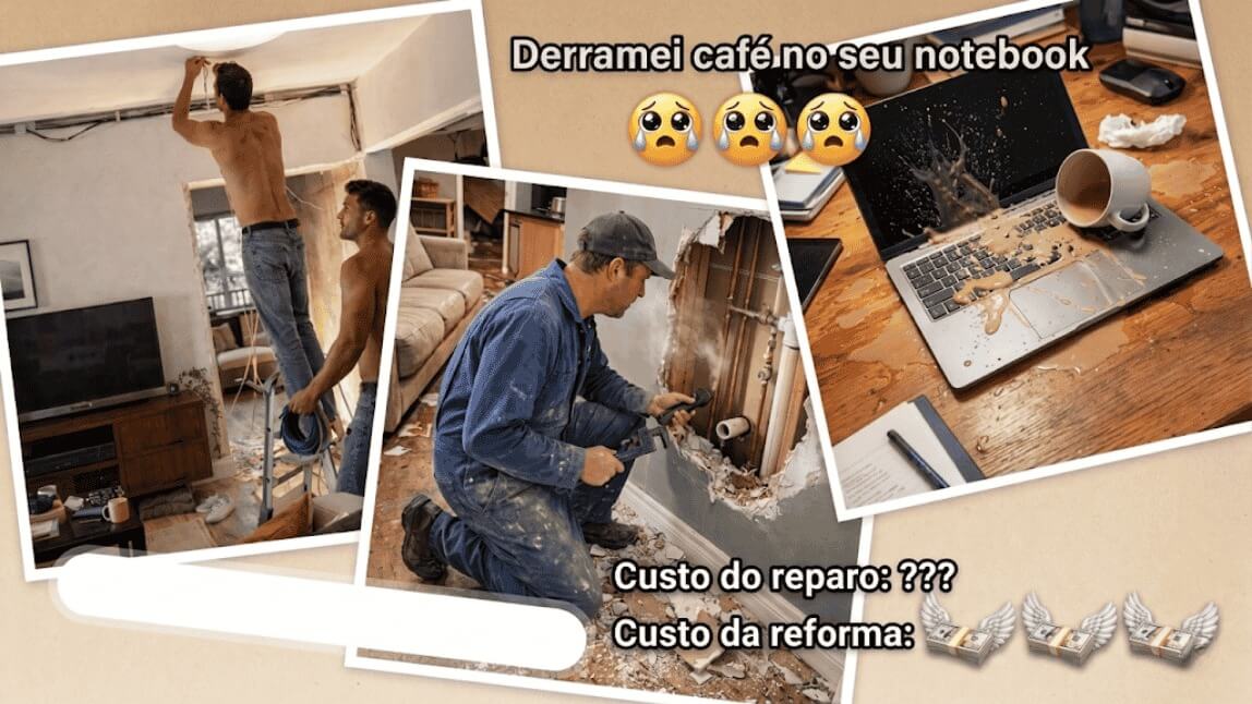 colagem de pegadinhas de 1 de abril com IA: encanador sem camisa, parede quebrada e café derramado no notebook