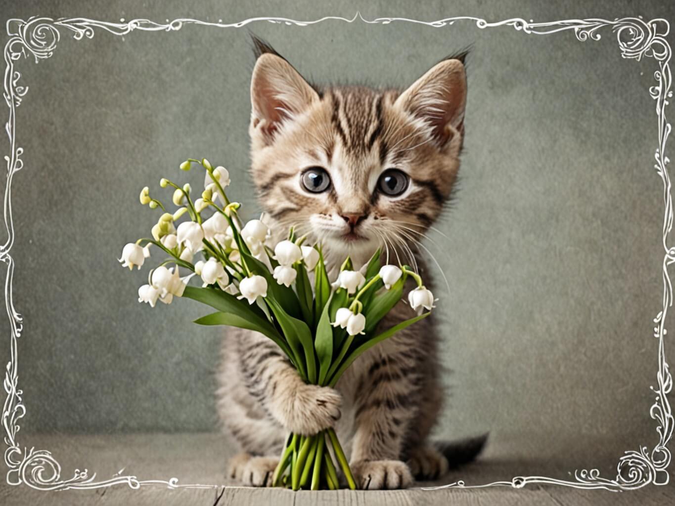 KI-generiertes Maiglöckchen-Bild zum 1. Mai: getigertes Kätzchen hält einen Maiglöckchen-Strauß in den Pfoten – YouCam AI Pro
