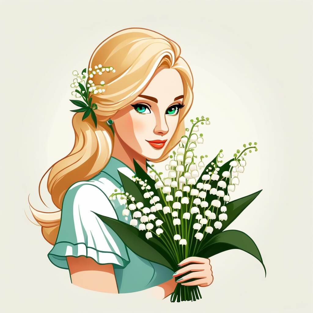 KI-generiertes 1.-Mai-Bild: Blonde Frau mit Maiglöckchen-Strauß im Vektor-Stil – YouCam AI Pro
