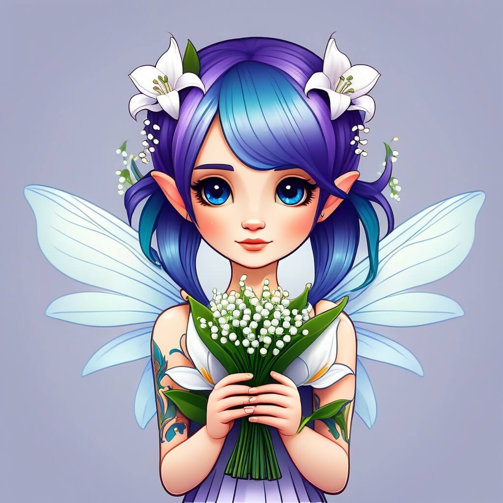 KI-generiertes 1.-Mai-Bild: Kleine Fee mit blauen und lila Haaren und Maiglöckchen – YouCam AI Pro