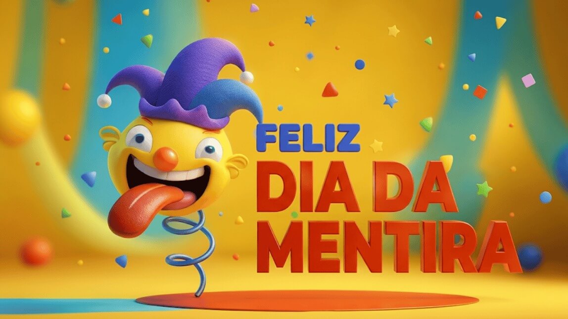 Ilustração 3D de um boneco de mola com a língua de fora celebrando o Dia da Mentira.
