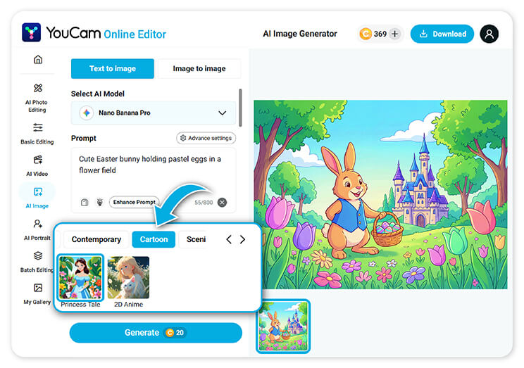 Experiment with different art styles when generating your Easter images. 