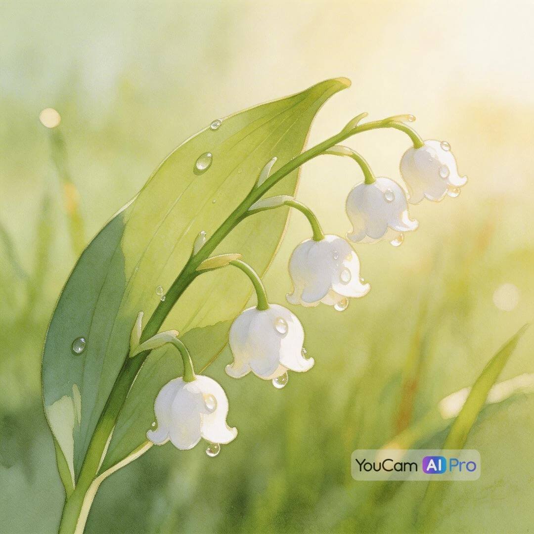 Nahaufnahme eines einzelnen Maiglöckchen-Zweigs auf einer grünen Wiese, im Aquarell-Stil