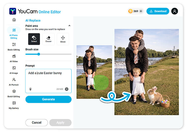 Use AI Replace tool to easily add Easter Bunny to your image.