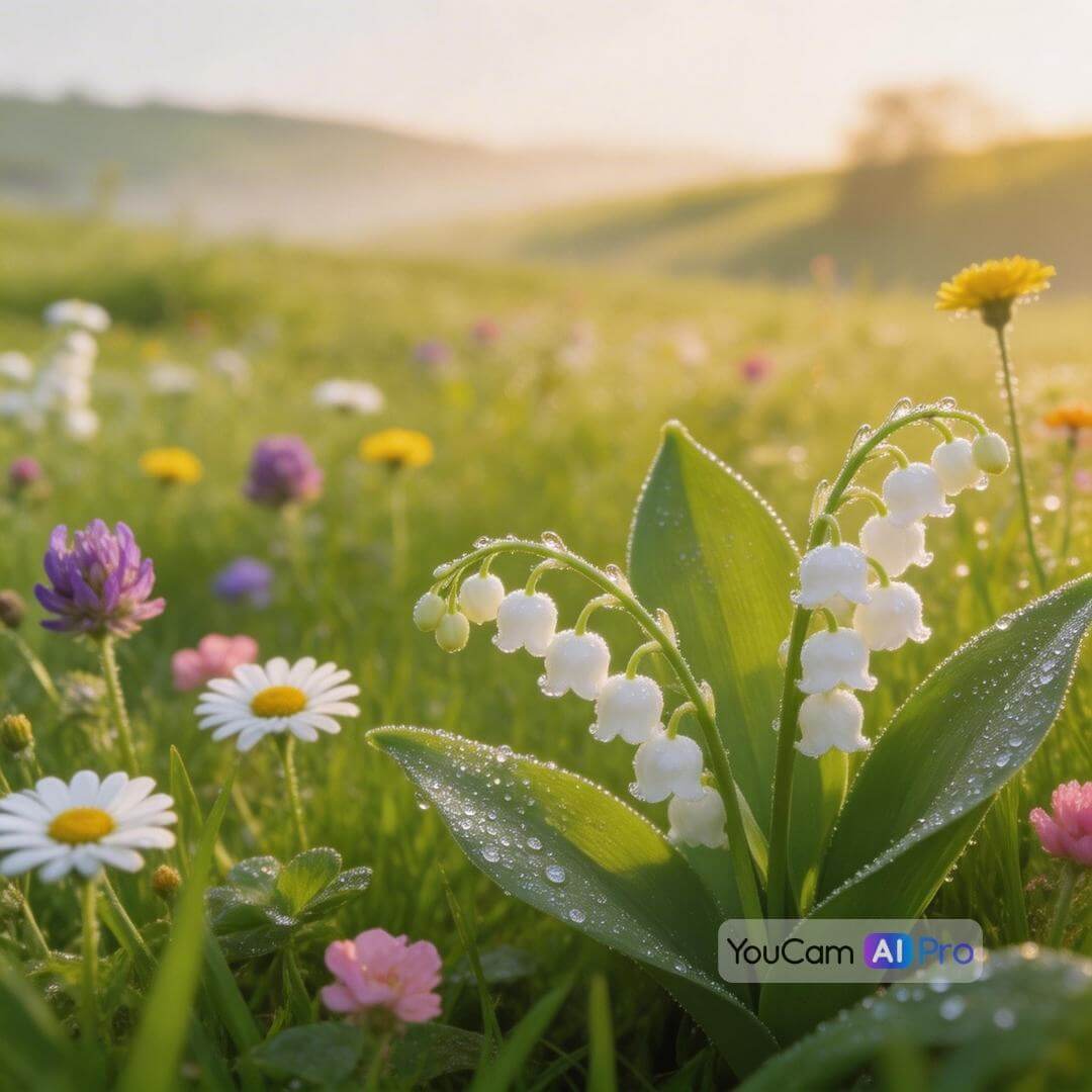 Frühlingswiese voller Maiglöckchen und bunter Wildblumen