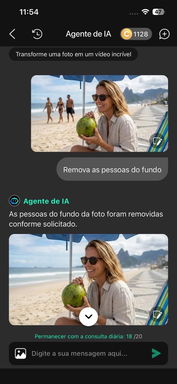 Exemplo do Agente de IA do YouCam Perfect recebendo o comando de texto 'Remova as pessoas do fundo' e removendo pessoas da foto na praia.