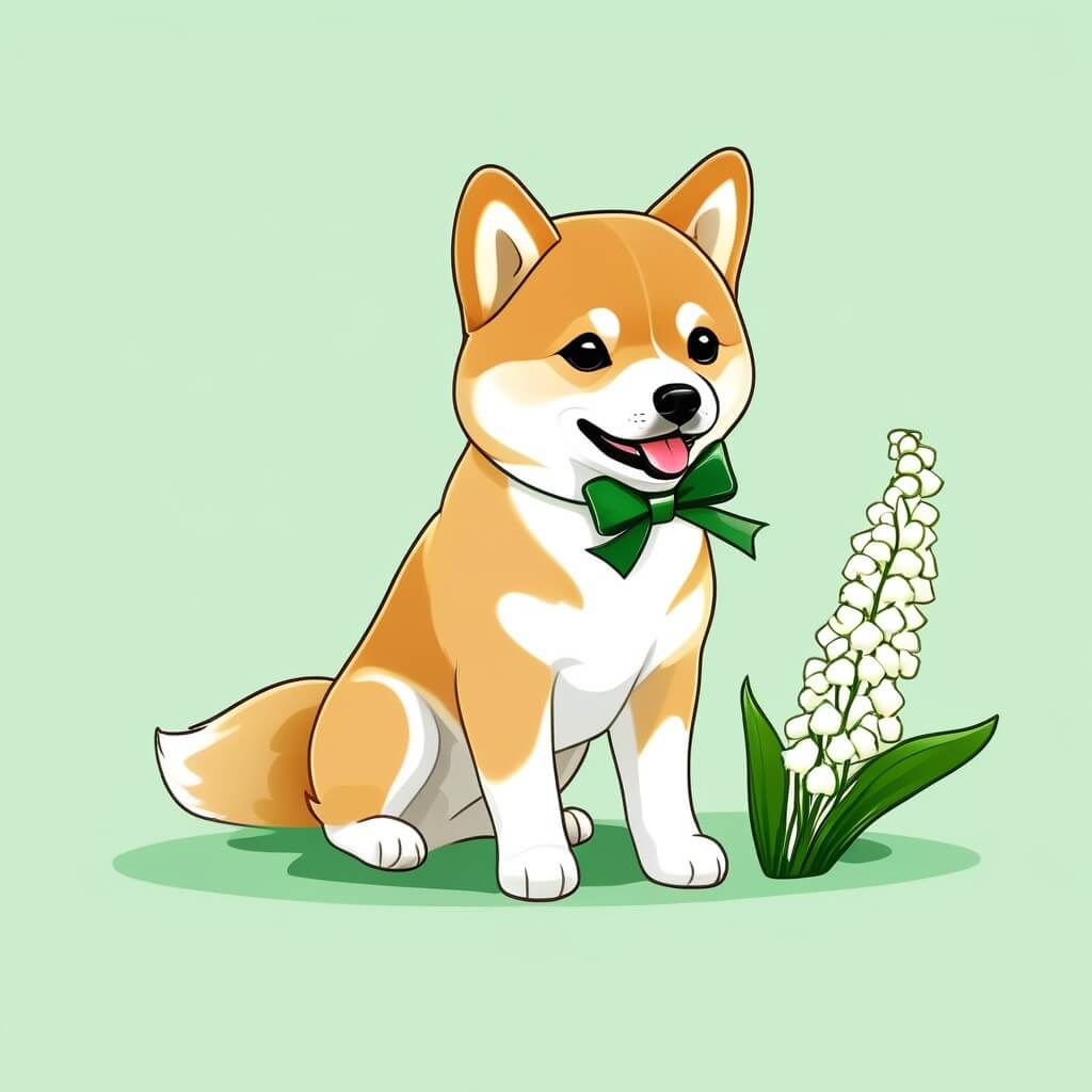 KI-generiertes 1.-Mai-Bild: Shiba-Welpe mit Maiglöckchen-Zweig und grüner Schleife im Vektor-Stil – YouCam AI Pro