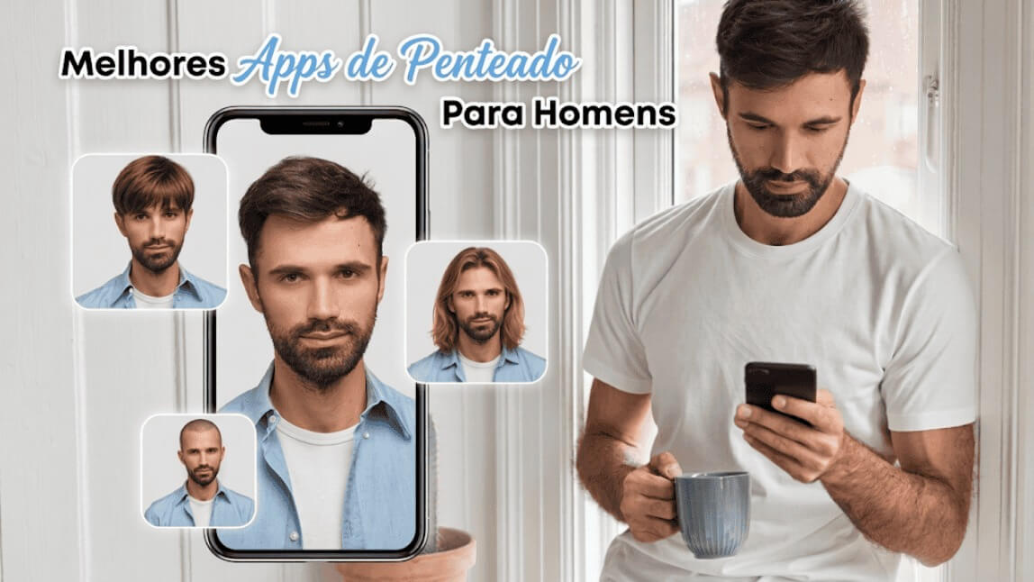 Homem usando app de penteado masculino com IA no celular para simular cortes curto, médio e longo antes de ir ao barbeiro