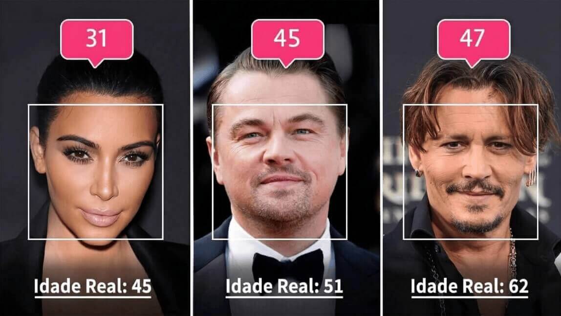 Três rostos analisados pelo detector de idade por foto do YouCam Makeup, mostrando idade aparente estimada pela IA versus idade real de cada pessoa.