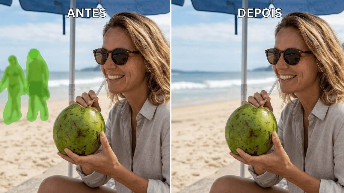 Antes e depois: app YouCam Perfect removendo pessoas do fundo da foto na praia com IA, resultado limpo em segundos.