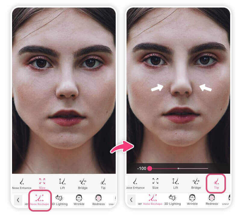 With the YouCam Makeup app, users can adjust nose size and nose tip shape naturally with an easy slider bar.