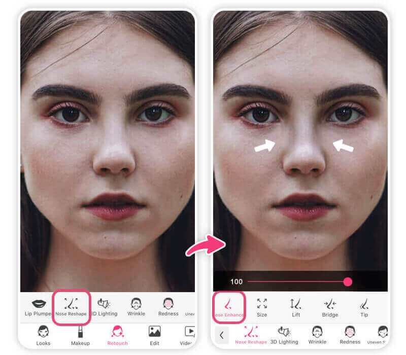 Enhance nose shape on your photo with the best nose job simulator app, YouCam Makeup.