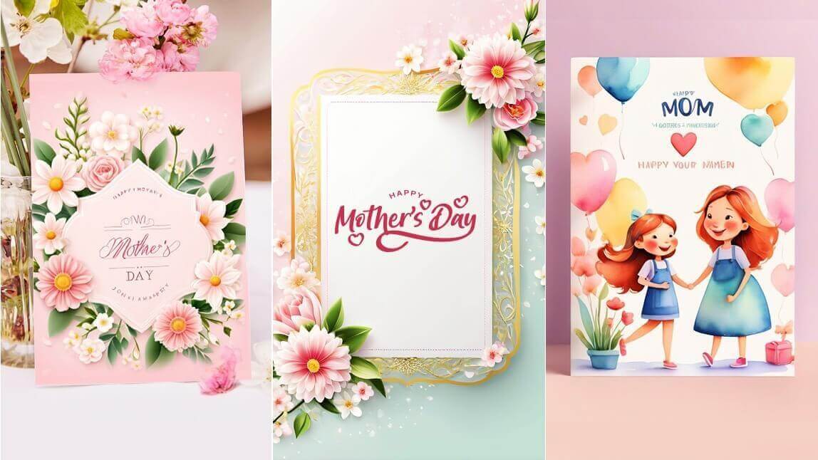 Três modelos de cartões de Dia das Mães 2026 grátis: design floral rosa, moldura elegante com tipografia e ilustração em aquarela de mãe e filha com balões.