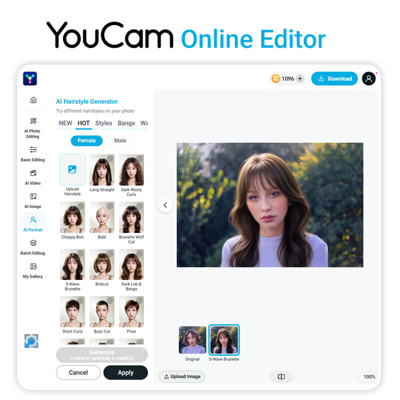 Try on hairstyles online with YouCam Online Editor AI Hair Changer.