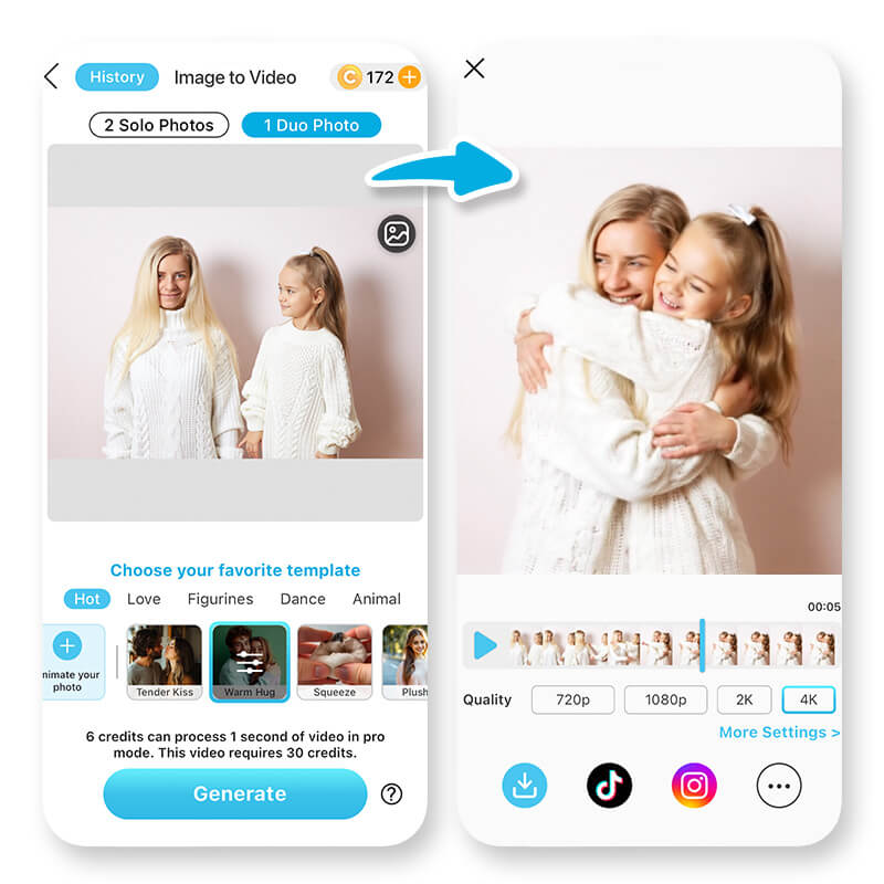 Criar vídeo Dia das Mães com efeito de abraço de inteligência artificial