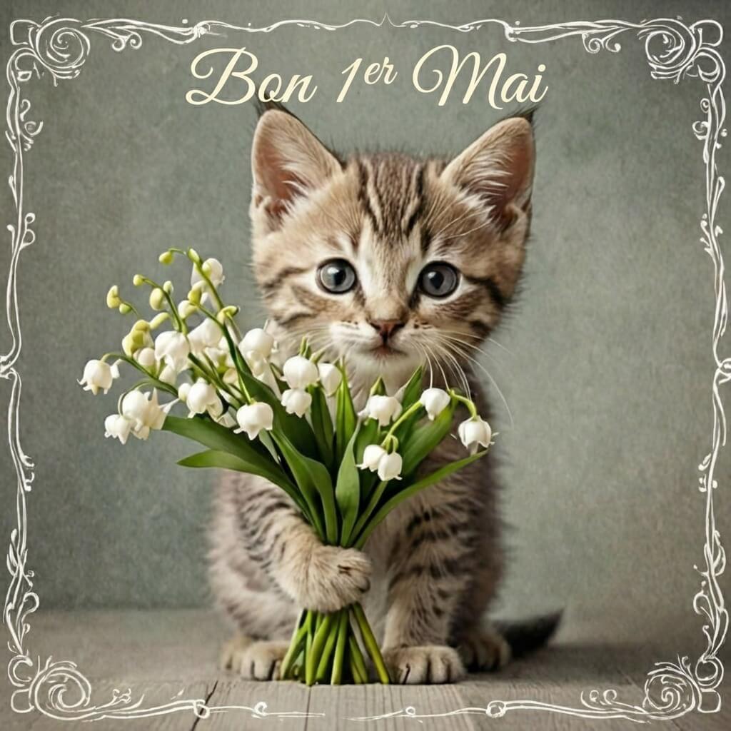 Cartes virtuelles 1er Mai gratuite : chaton avec muguet dans les pattes