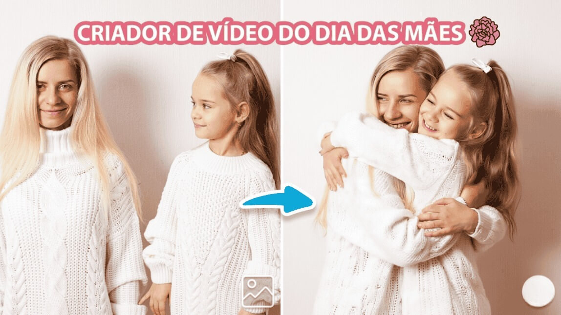 App criador de vídeo de Dia das Mães mostrando um antes e depois de mãe e filha com o efeito de abraço gerado por inteligência artificial.
