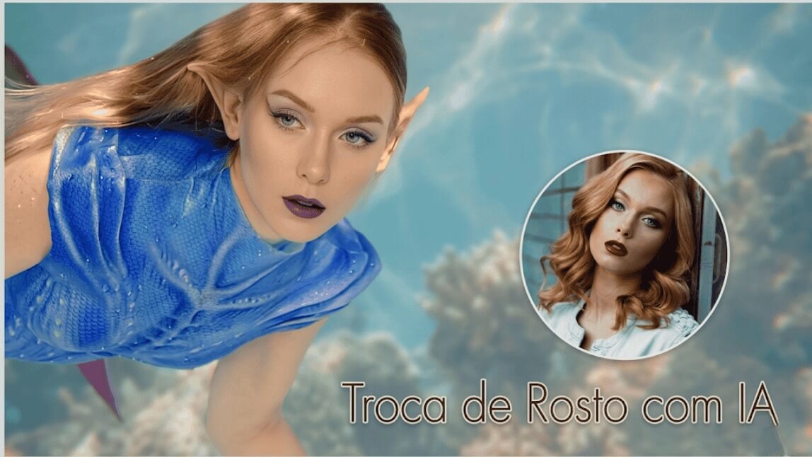 Mulher usando um app deepfake para trocar rosto em vídeo, transformando-se em uma sereia usando a inteligência artificial do AI Face Swap.