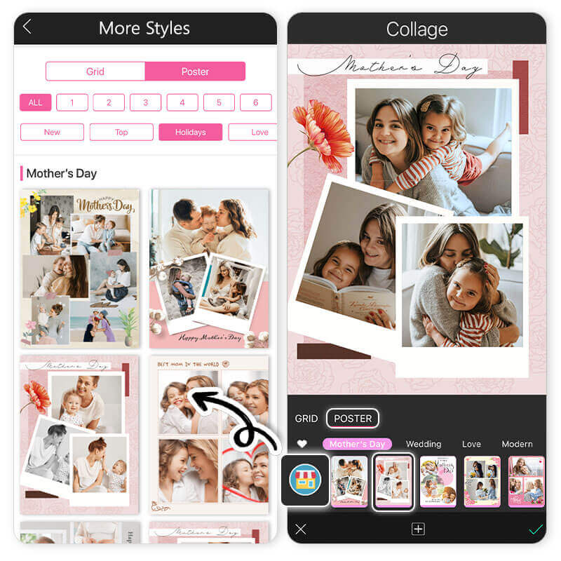 Collage-App Verschiedene Collagenstile zum Muttertag in der YouCam App mit liebevoll gestalteten Vorlagen für persönliche Muttertagsgeschenke
