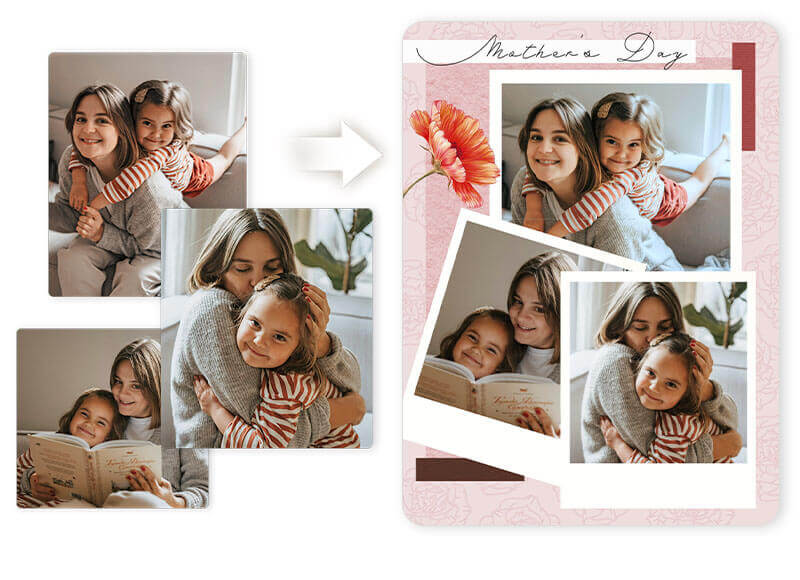 Fotocollage zum Muttertag Fotocollage Muttertag im Polaroid-Stil mit Tochter und Mutter beim Vorlesen, Kuscheln und Lächeln – kreative Collagenidee