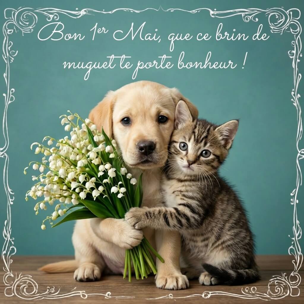 Carte virtuelle muguet 1er Mai chat et chien, brin de muguet, image muguet gratuite