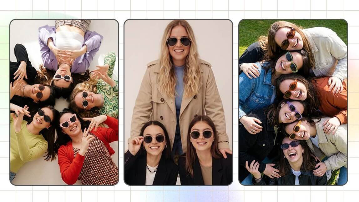 Três estilos criativos de poses para fotos com amigas sorrindo e usando óculos de sol. Veja como tirar foto em grupo perfeita usando o melhor app para editar foto em grupo em 2026.
