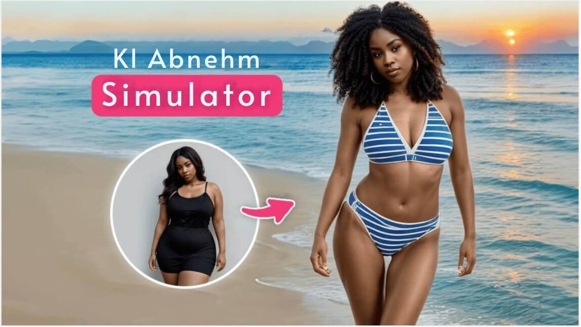 Eine Frau nutzt den Weight Loss Simulator, um ihre Gewichtsabnahme zu visualisieren: Vorher-Bild und Nachher-Ergebnis im Bikini am Strand.