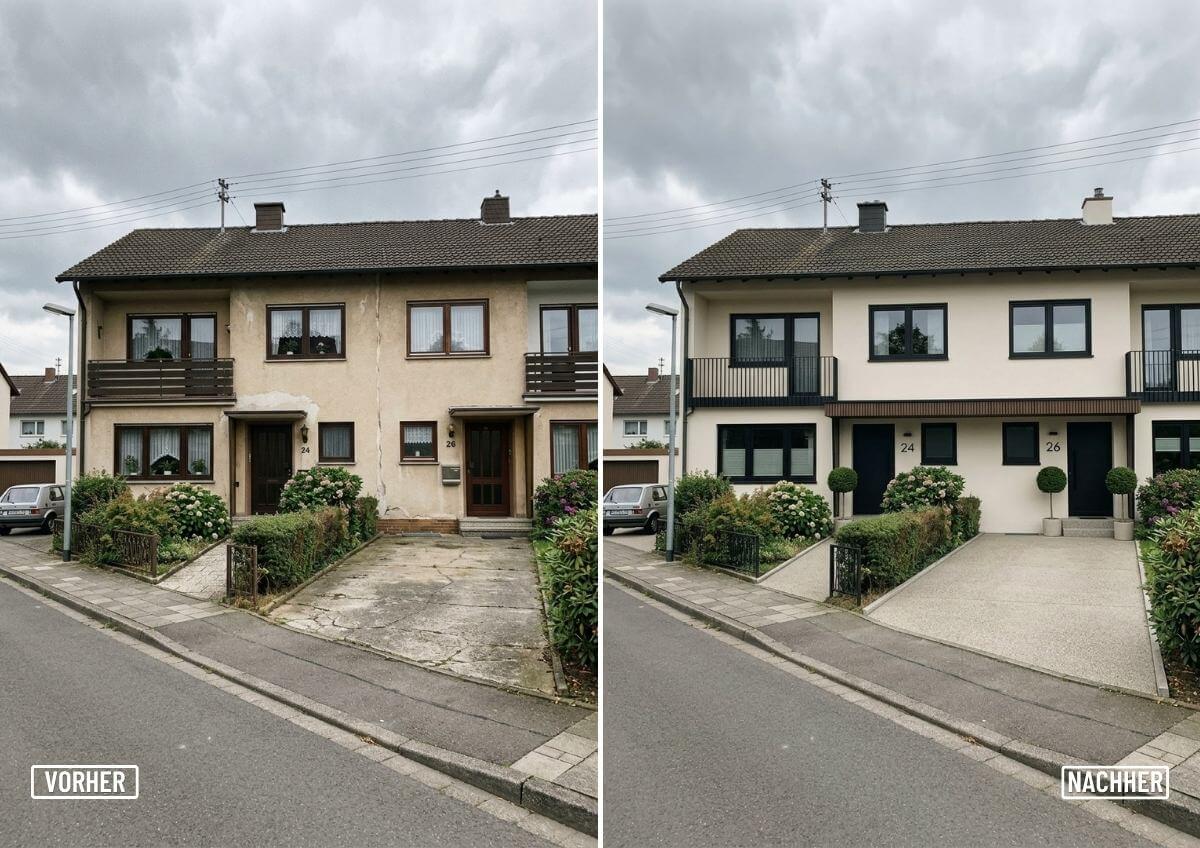 „Fassade in warmem Weißton, Fensterrahmen in Mattschwarz, Holzvordach über dem Eingang"