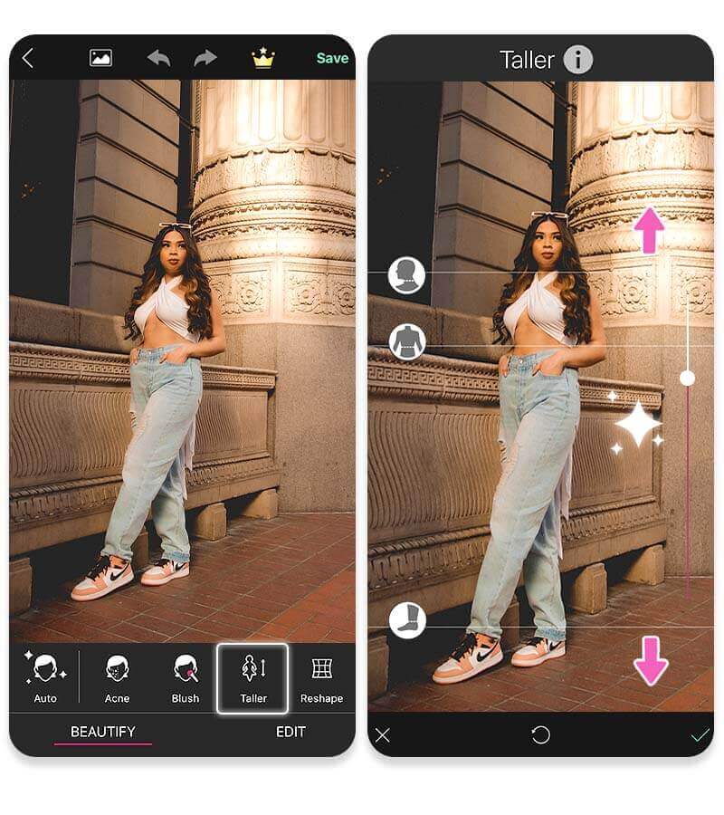 Vergleichsbild: Beine verlängern mit der YouCam Perfect Body Editor-App.