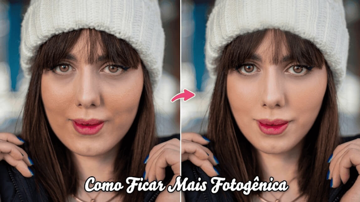 Comparação de antes e depois de uma mulher, mostrando como ficar mais fotogênica usando o melhor aplicativo de beleza IA 2026 pra melhorar as proporções faciais pelo celular.