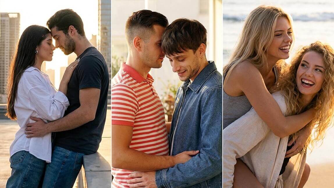 Colagem com três casais diversos sorrindo e se abraçando em cenários diferentes. Veja como fazer foto de casal incrível usando o melhor aplicativo de foto de casal em IA 2026.