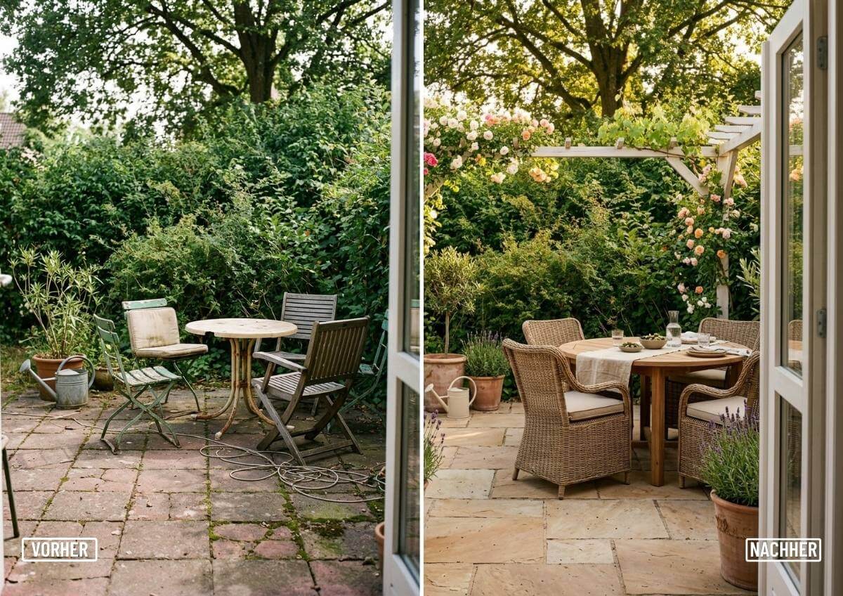 „Mediterraner Stil: Sandsteinplatten, Terrakotta-Töpfe, Pergola mit Kletterrosen, Rattanmöbel"