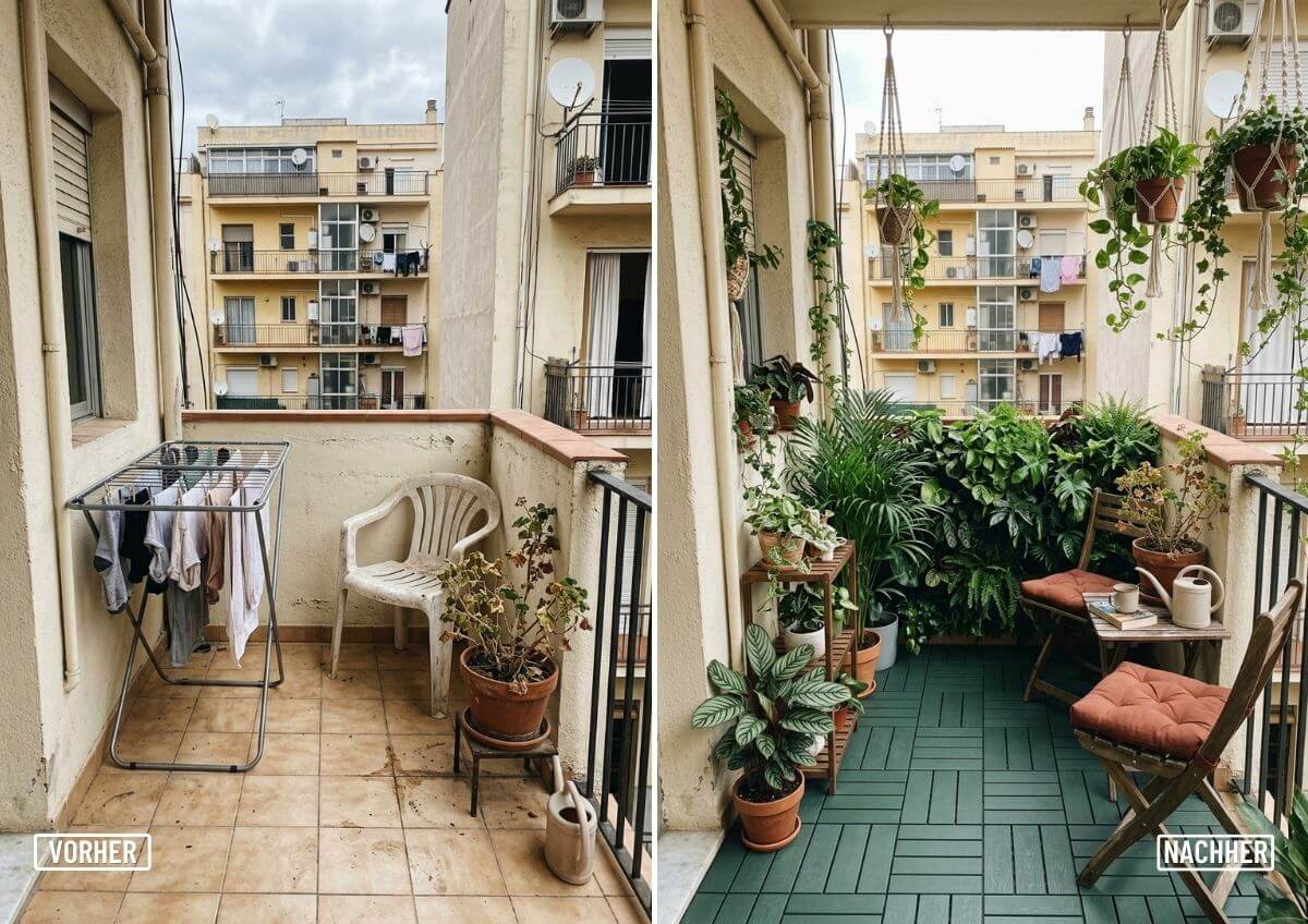 „Urban Jungle Balkon: Vertikale Pflanzenwand, Hängepflanzen, dunkle Bodenfliesen, Makramee"