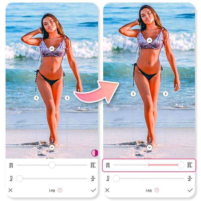 Screenshot der Perfect Me App zeigt die Körperbearbeitungs-Funktionen.