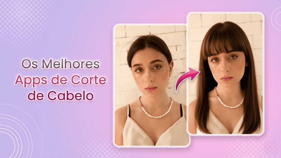 Comparação de antes e depois de uma mulher testando franja virtual. Descubra o melhor app para cortar cabelo e use um simulador de corte de cabelo online pra mudar o visual em 2026.