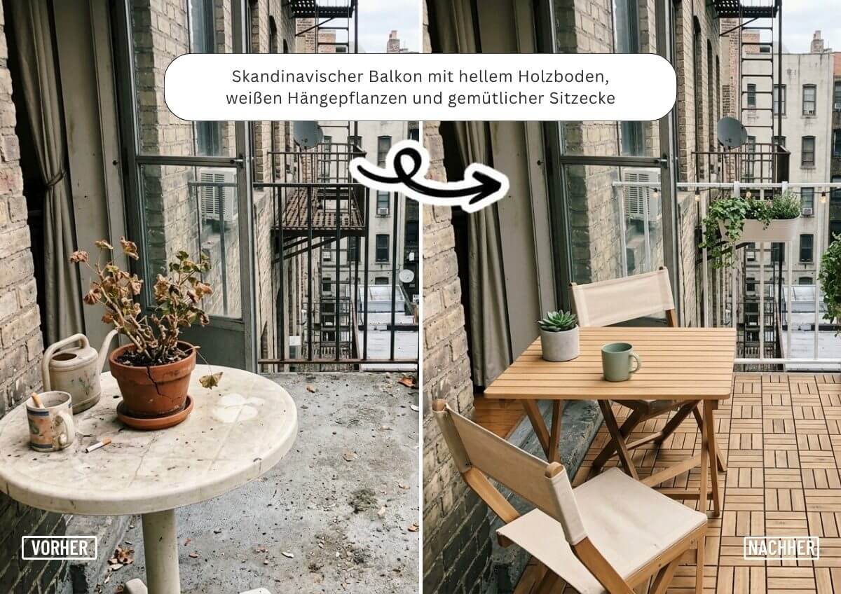 Bild-zu-Bild: „Skandinavischer Balkon mit hellem Holzboden, weißen Hängepflanzen und gemütlicher Sitzecke"