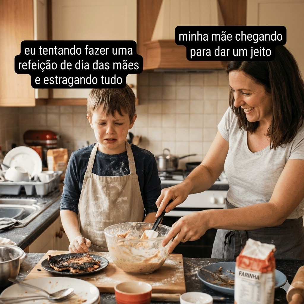 Meme de Dia das Mães com criança tentando preparar uma refeição na cozinha enquanto a mãe chega para consertar tudo, com textos sobre estragar a comida e a ajuda da mãe.