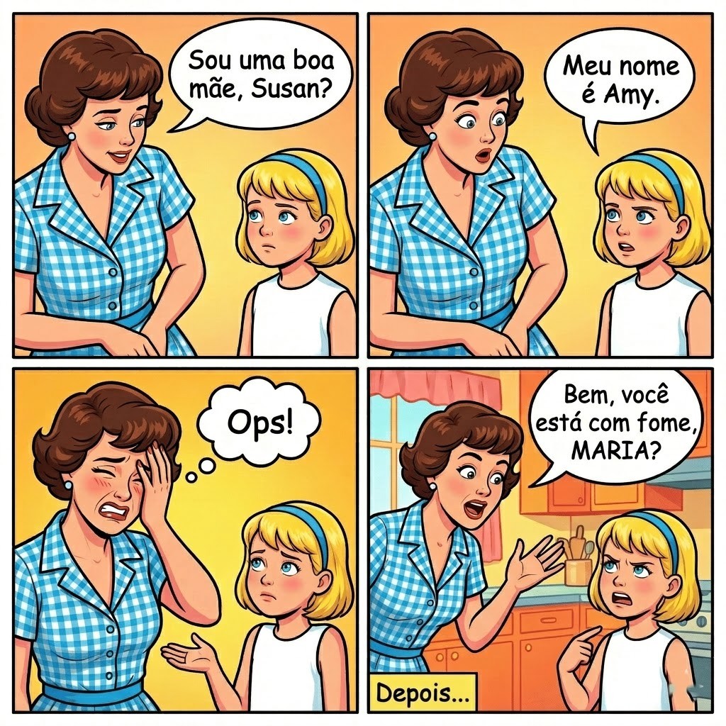 Tirinha em quadrinhos sobre uma criança chamando a mãe pelo nome errado e depois corrigindo a situação, com diálogo engraçado entre mãe e filha.