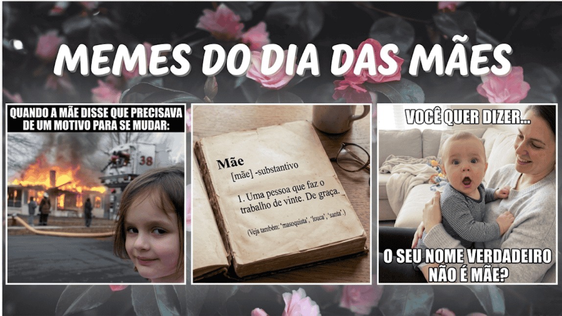 Imagem dividida mostrando três memes dia das mães engraçados, incluindo a menina sorrindo com a casa em chamas, um dicionário e um bebê surpreso.