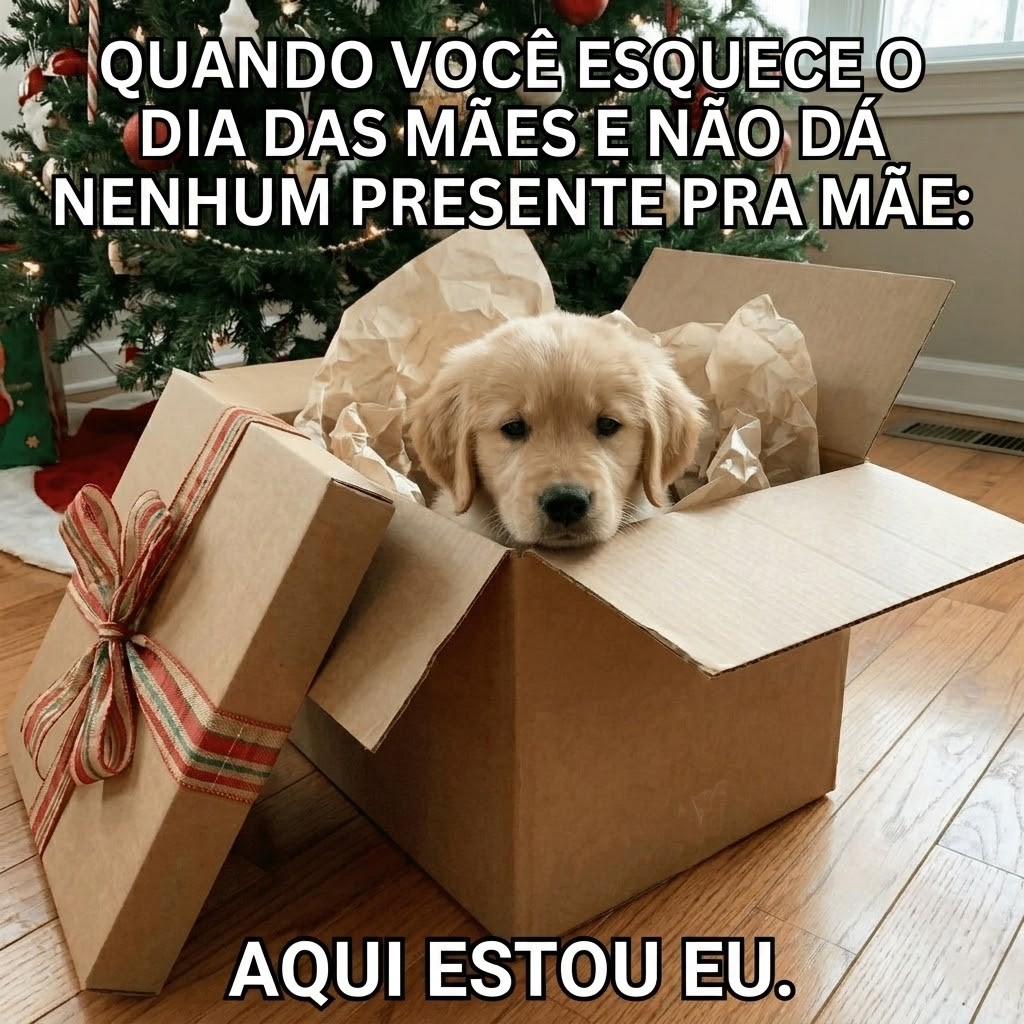 Meme de Dia das Mães com filhote de cachorro dentro de uma caixa de presente perto da árvore de Natal e a frase “Quando você esquece o Dia das Mães e não dá nenhum presente pra mãe: aqui estou eu”.