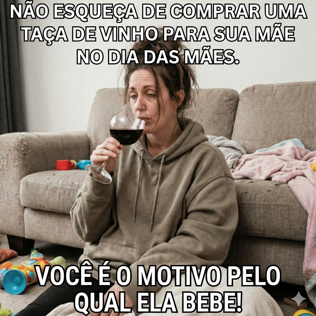 Meme de Dia das Mães com mulher sentada no sofá bebendo vinho e a frase “Não esqueça de comprar uma taça de vinho para sua mãe no Dia das Mães.”