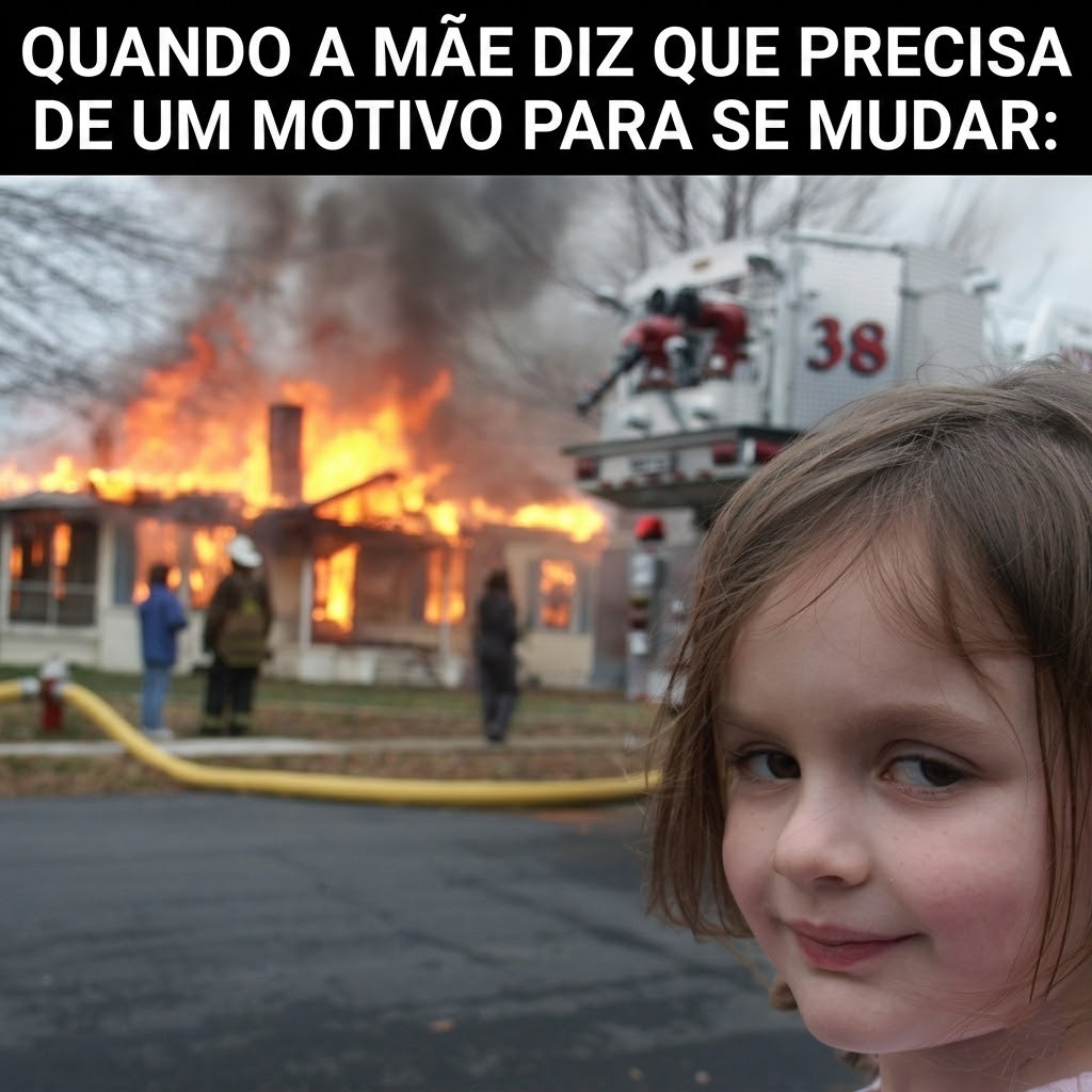 Meme com menina sorrindo em frente a uma casa em chamas e a frase “Quando a mãe diz que precisa de um motivo para se mudar”.
