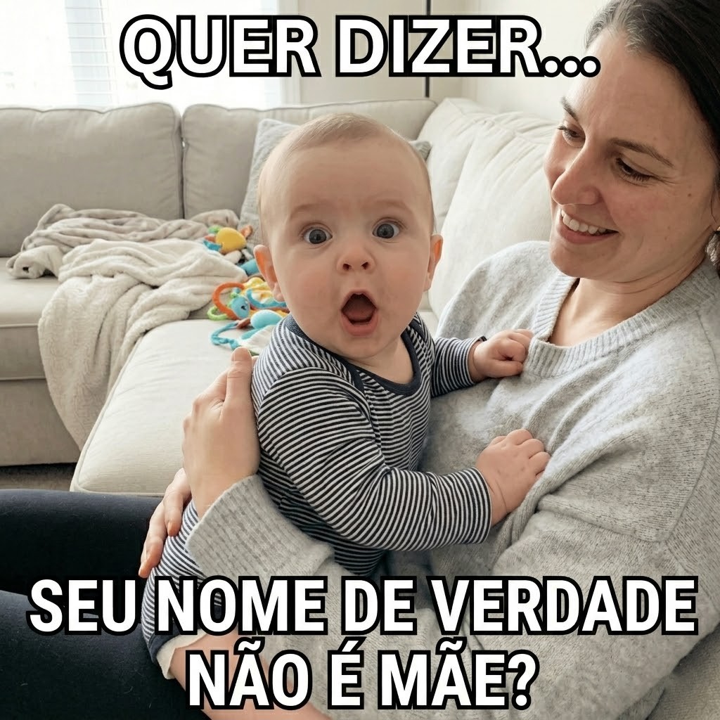 Meme de Dia das Mães com mãe segurando bebê surpreso no sofá, com a frase “Quer dizer... seu nome de verdade não é mãe?”