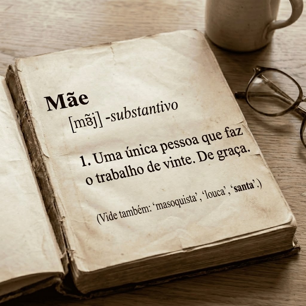 Imagem humorística com a definição da palavra “mãe” em um livro antigo, descrevendo mãe como uma pessoa que faz trabalho de vinte de graça.