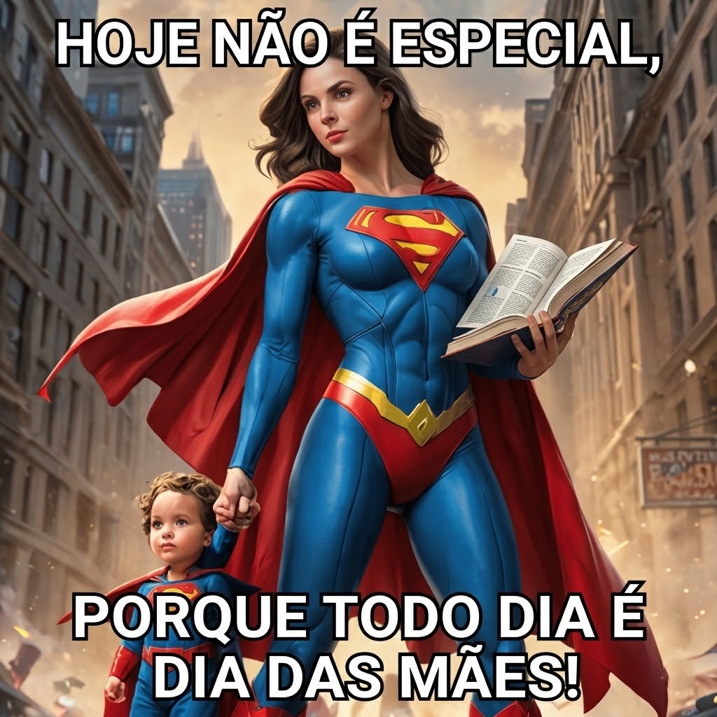 Meme de Dia das Mães com mãe super-heroína e filho, com a frase “Hoje não é especial, porque todo dia é Dia das Mães.”
